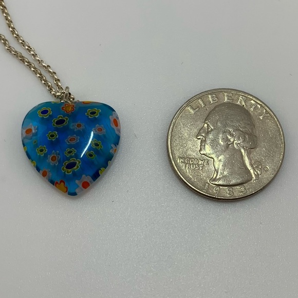 MILLEFIORI Blue Glass Heart Flower Pendant 1" w Sterling Silver 925 18" Chain - Picture 6 of 7